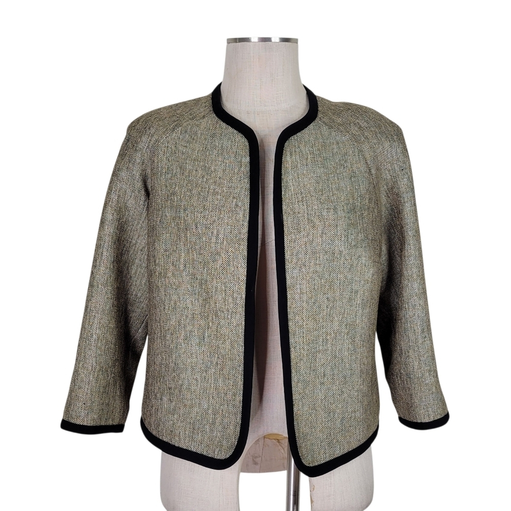 Kasper Tweed Skirt Suit 8 Black Tan Open Blazer 3/4 Sleeve Back Zip Kick Pleat - Picture 3 of 11